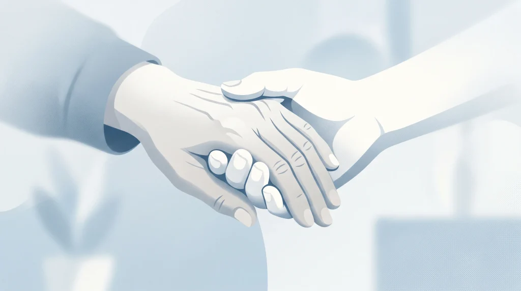Conceptual illustration of clasped hands representing care and support.