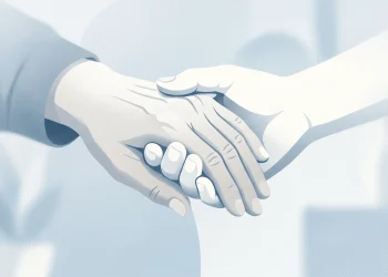 Conceptual illustration of clasped hands representing care and support.
