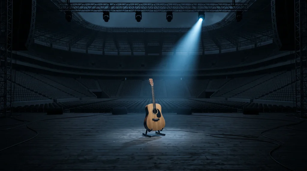 A lone acoustic guitar on an empty concert stage under a spotlight.
