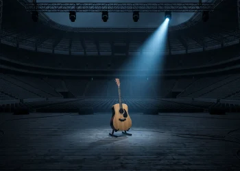 A lone acoustic guitar on an empty concert stage under a spotlight.