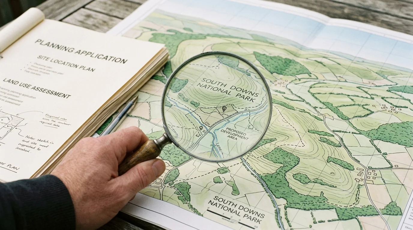 Conceptual image of planning documents for the South Downs region.