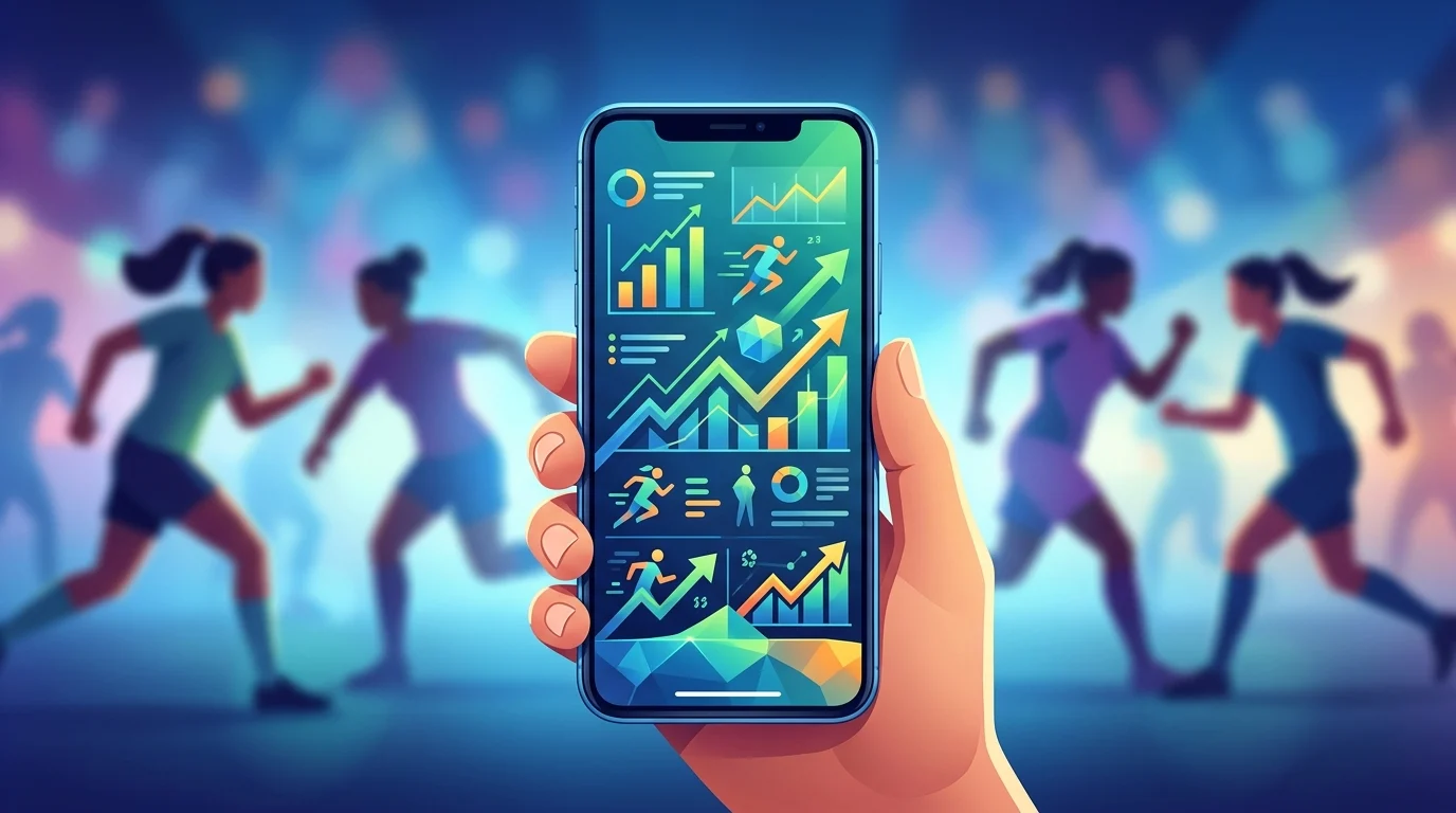 Abstract digital sports betting interface with blurred anonymous silhouettes silhouettes.