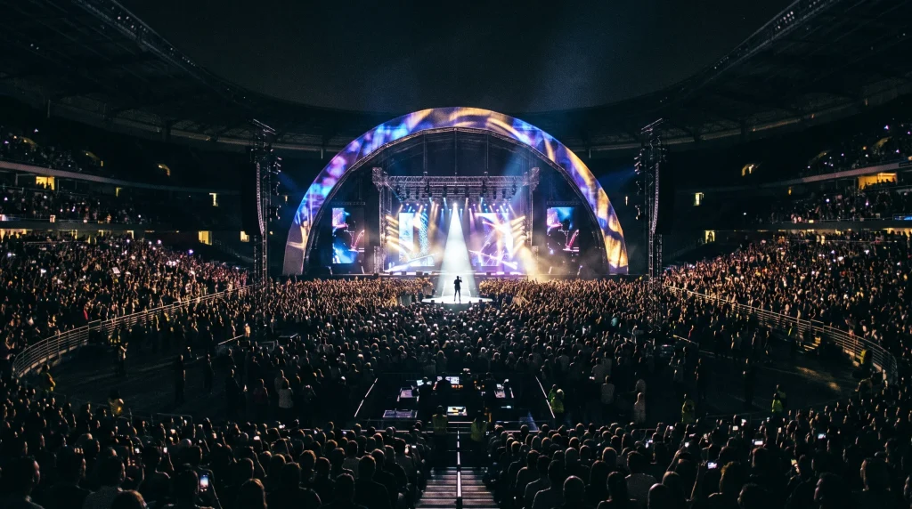 Conceptual image of a large stadium performance with bright lights and a stage silhouette.