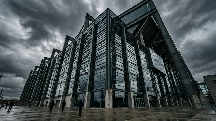 A modern stadium exterior with glass windows under a gray sky.