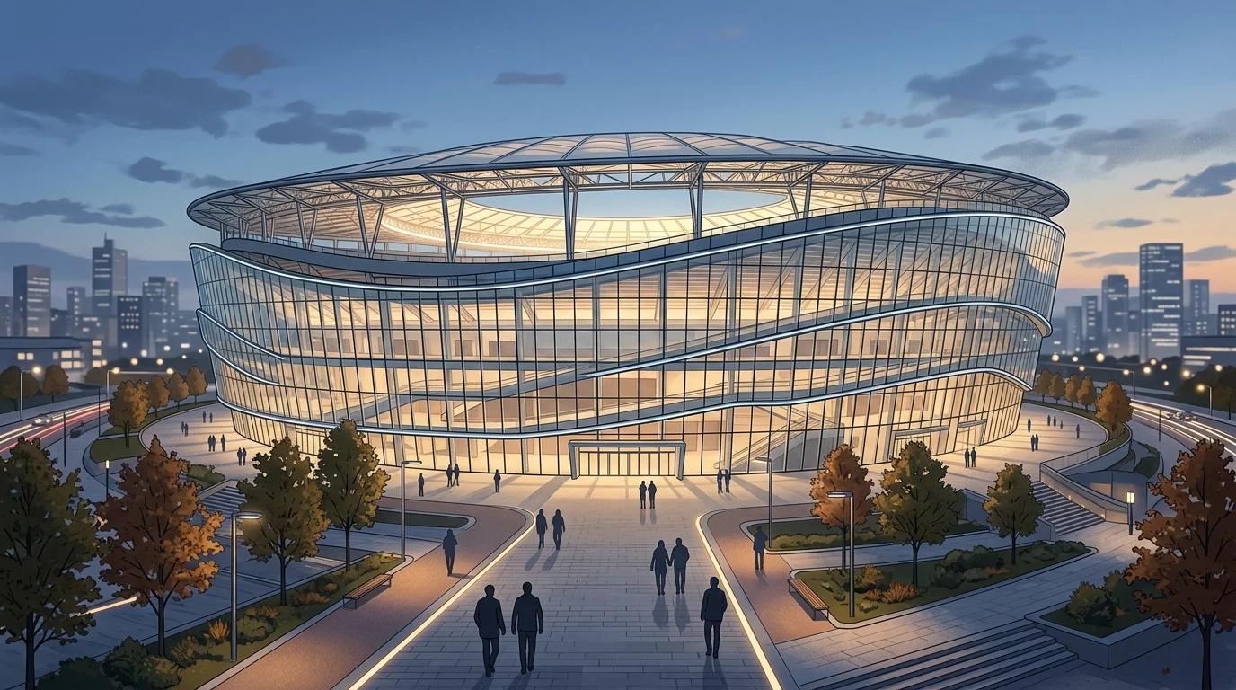 Conceptual architectural illustration of a modern stadium.