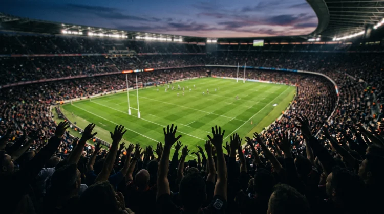 A wide view of a rugby stadium with silhouettes of fans in the stands.