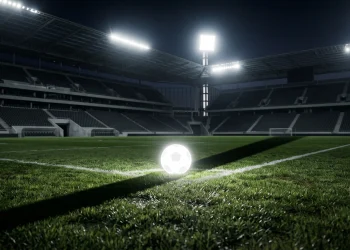 A football on a pitch under stadium floodlights at night.