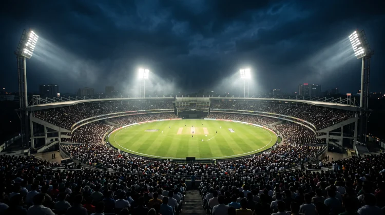 A cricket stadium illuminated by floodlights at night.