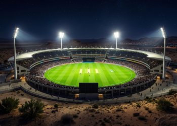 A professional cricket stadium illuminated at night.