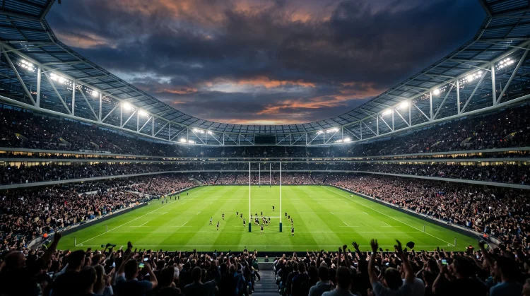 A wide view of a large sports stadium at night with bright lights.