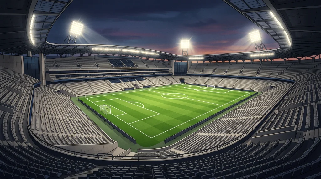 A football stadium pitch under floodlights at dusk.