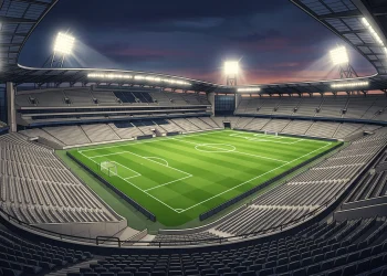 A football stadium pitch under floodlights at dusk.