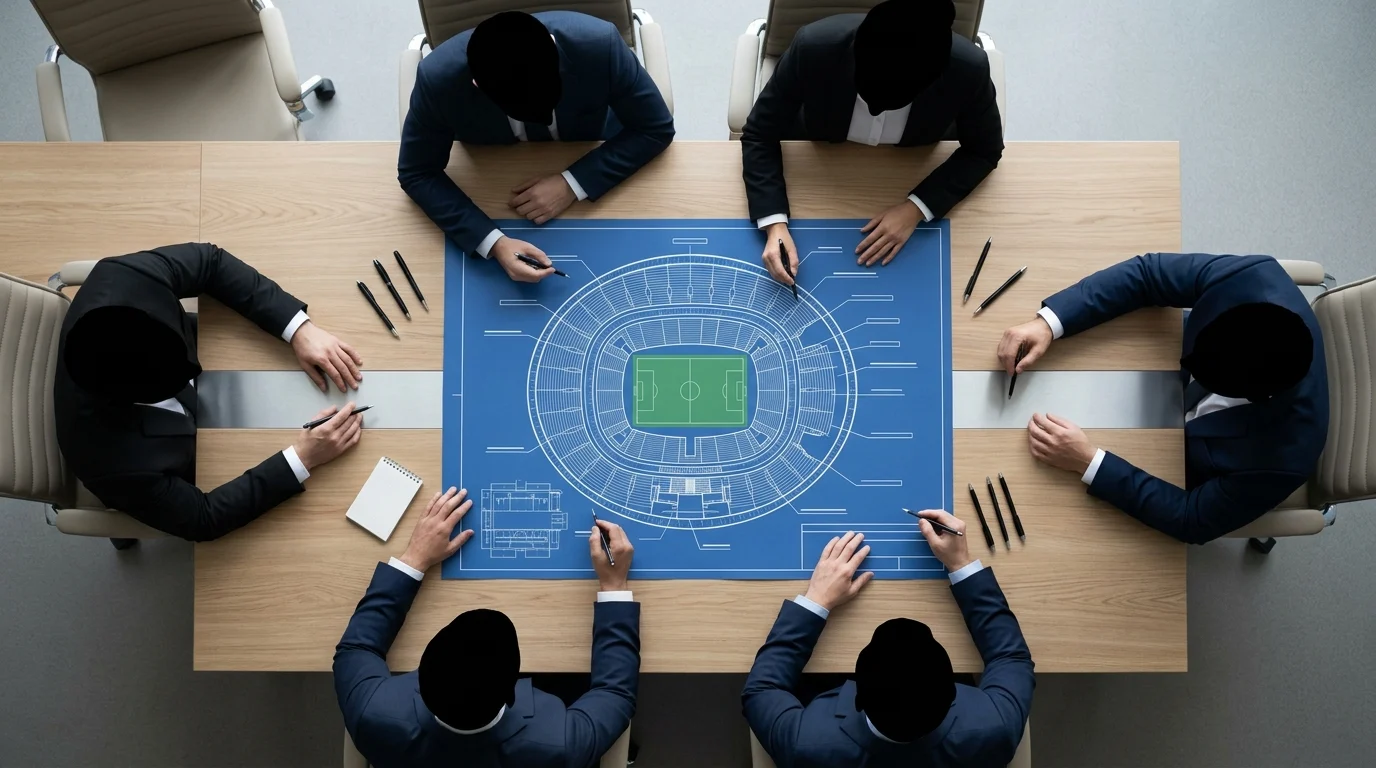 A stadium blueprint on a boardroom table