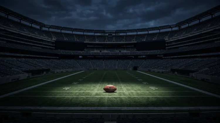 A conceptual image of a football on a pitch under stadium lights.