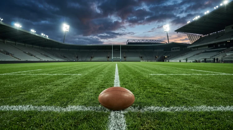A rugby ball sits on a grass field under stadium lights.