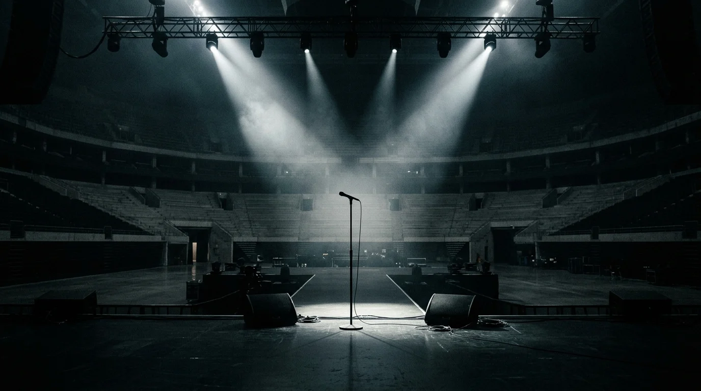 An empty concert stage illuminated by spotlights.