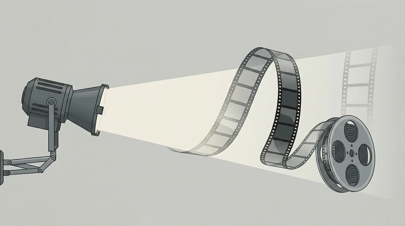 A minimalist conceptual graphic of a theatre light and film reel.