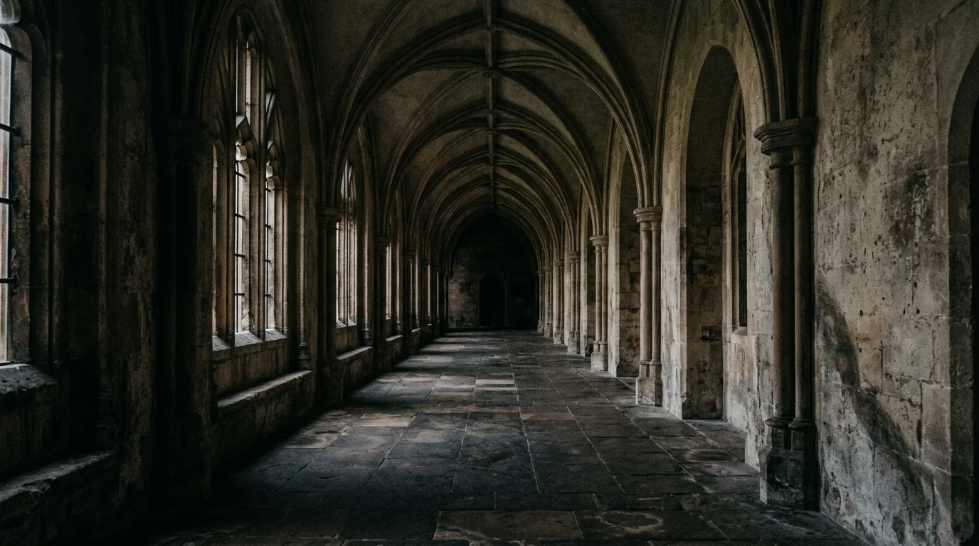 An empty, stately hallway with dramatic shadows.