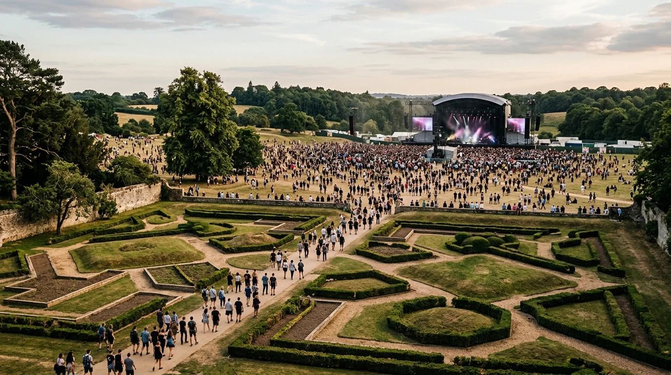A conceptual view of the festival grounds at featuring the King’s Knot earthworks.
