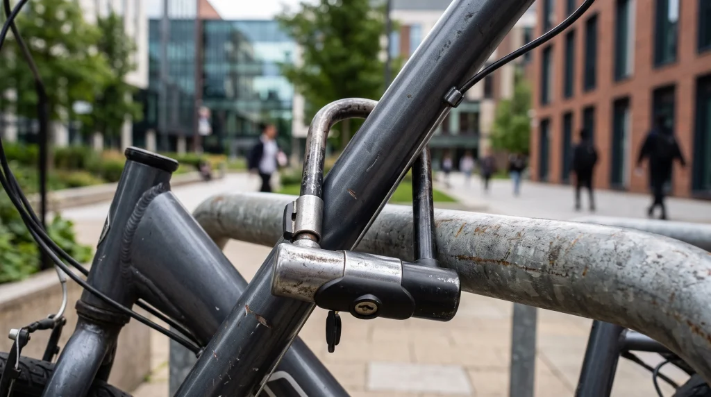 A heavy-duty bicycle lock secured to a metal post.