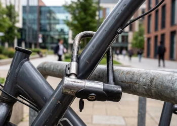 A heavy-duty bicycle lock secured to a metal post.