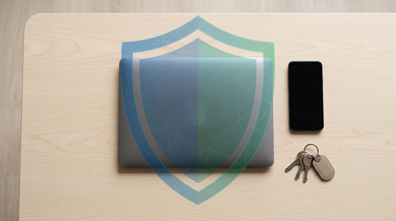 A laptop and smartphone on a desk representing property security.