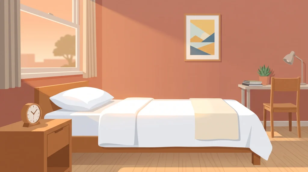 A conceptual illustration of a student bedroom at sunset with fresh white bedding.