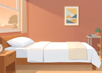 A conceptual illustration of a student bedroom at sunset with fresh white bedding.