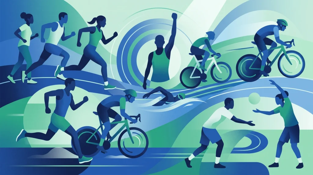 Minimalist silhouettes of people participating in various sports and physical activities.
