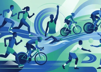 Minimalist silhouettes of people participating in various sports and physical activities.