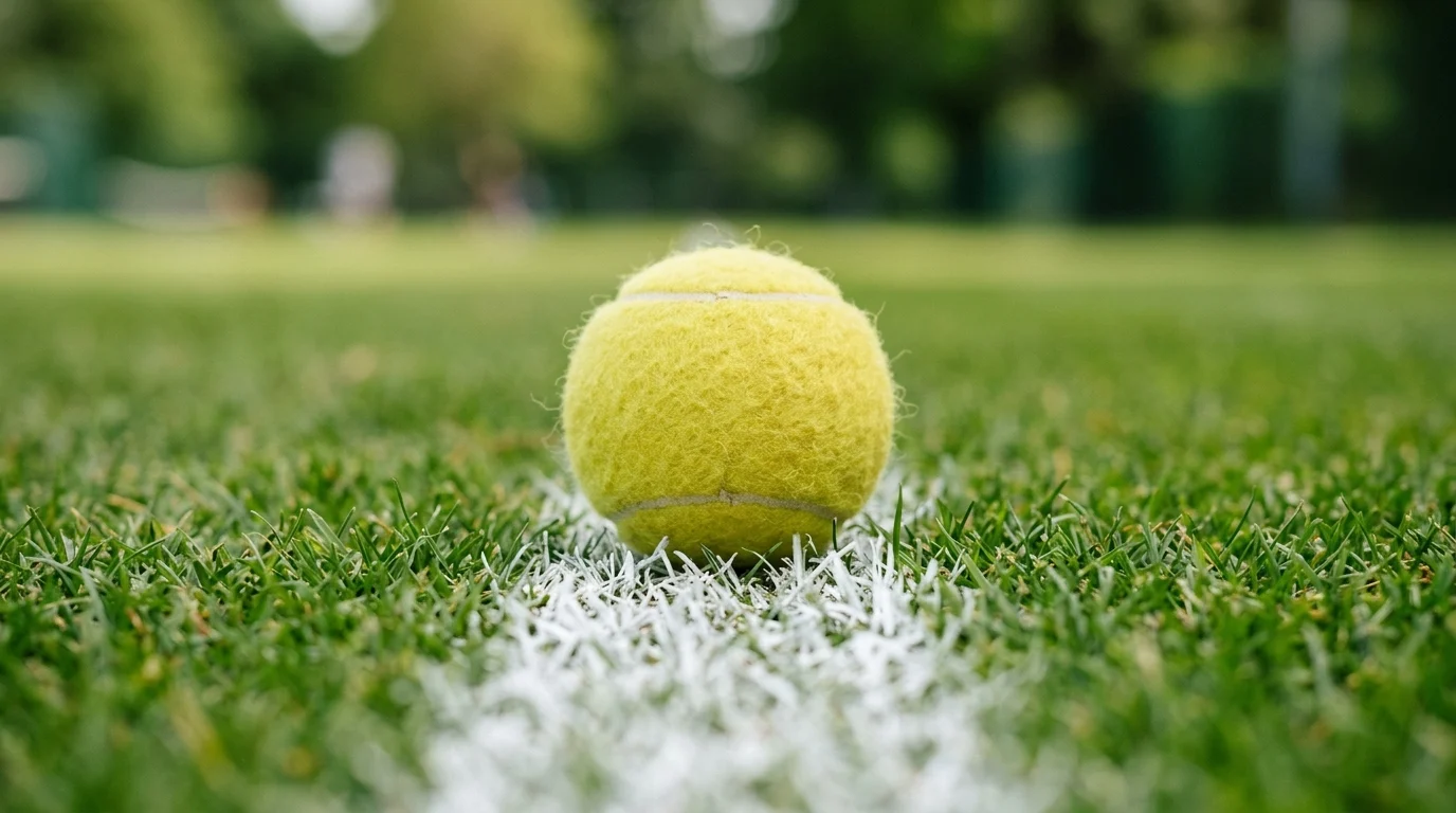 A tennis ball on a grass court line.