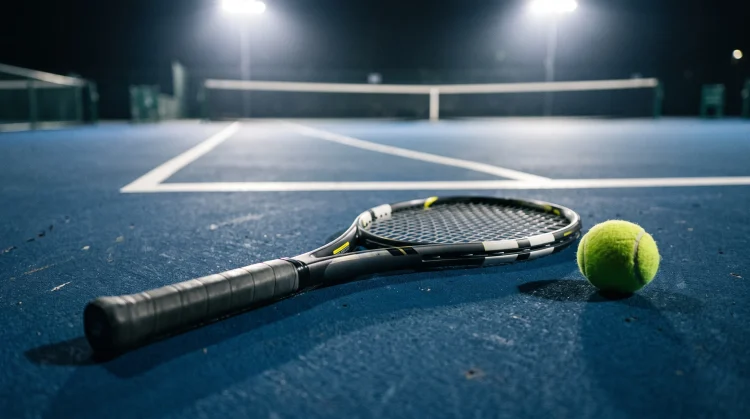A tennis racket and ball on a hard court surface under stadium lights.