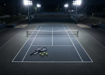 A conceptual view of a tennis court and net under bright lights.
