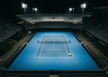 A yellow tennis ball on a court under bright stadium lights at night.
