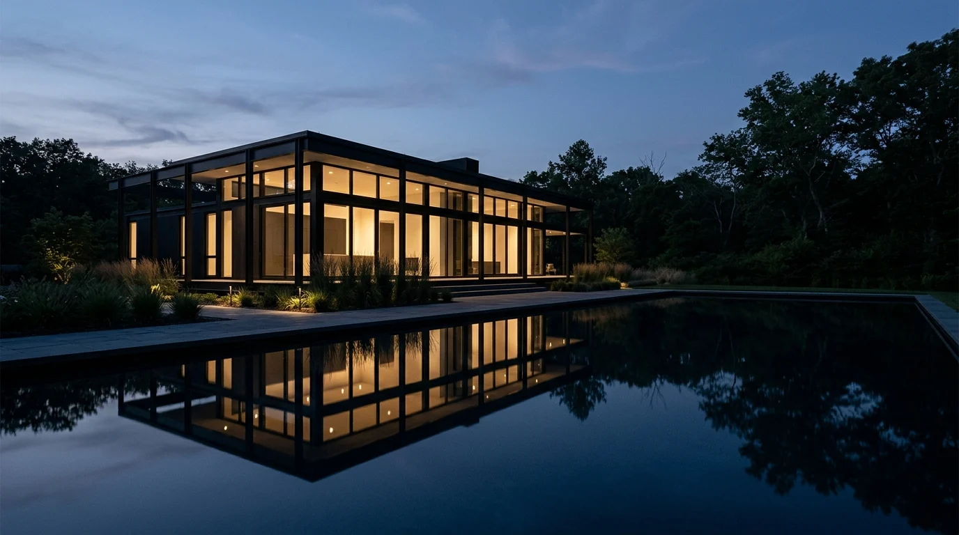 A modern glass building at night.