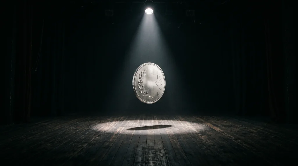 A silver coin caught in mid-air under a theater spotlight.