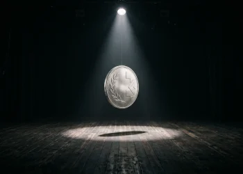 A silver coin caught in mid-air under a theater spotlight.