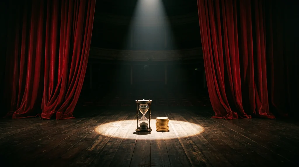 A conceptual image of a theater stage with a spotlight on an hourglass and coins.
