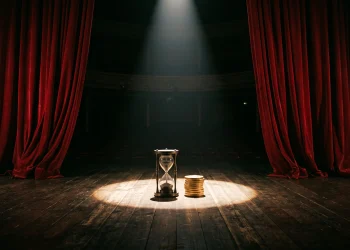 A conceptual image of a theater stage with a spotlight on an hourglass and coins.