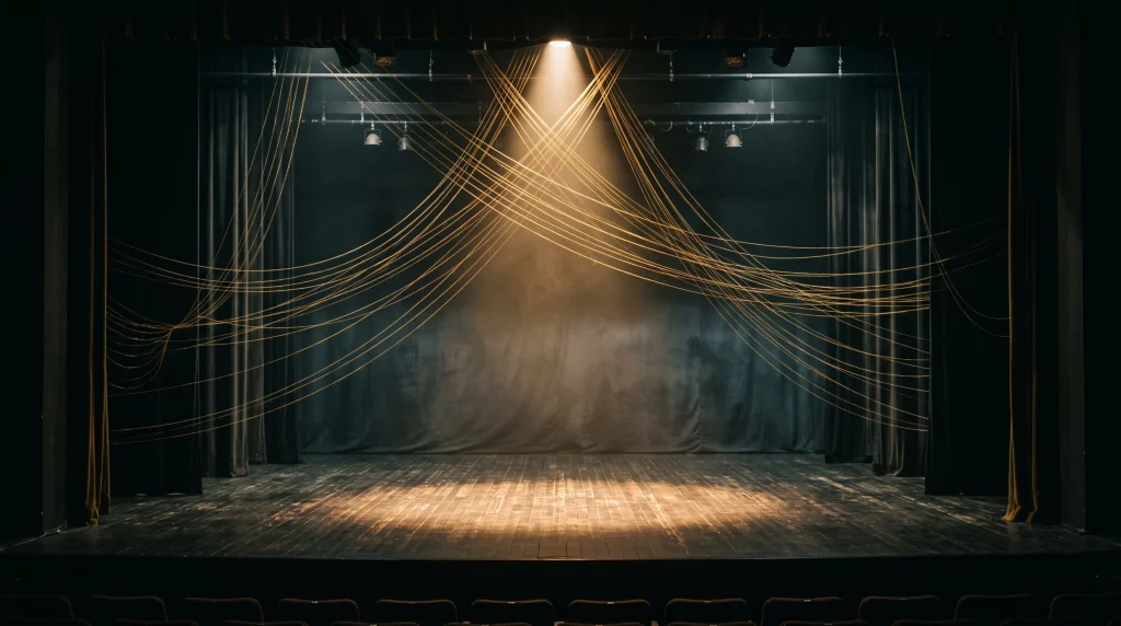 Conceptual illustration of golden threads on a theatre stage.