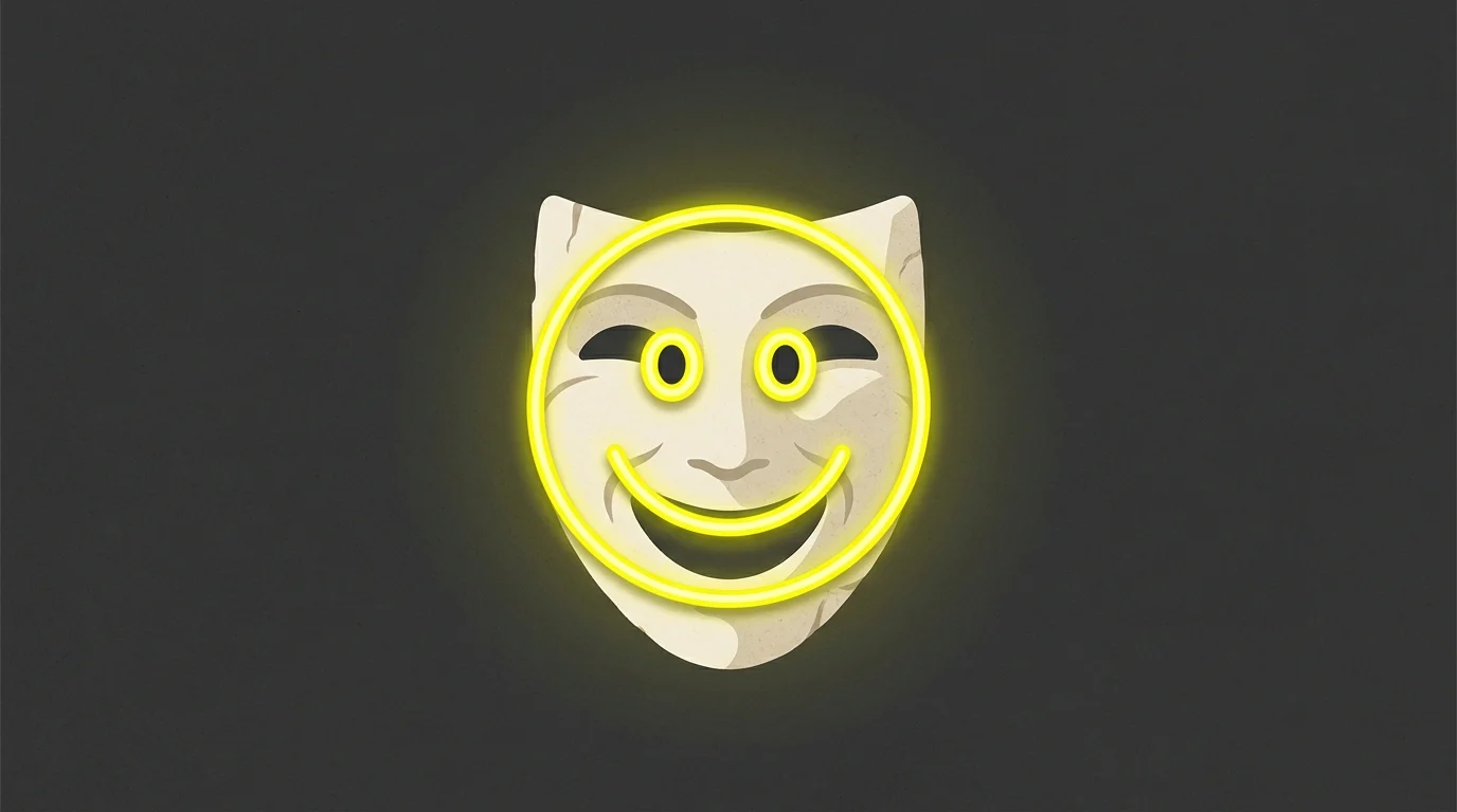 A graphic illustration merging a theater mask with a 1990s rave smiley face symbol.