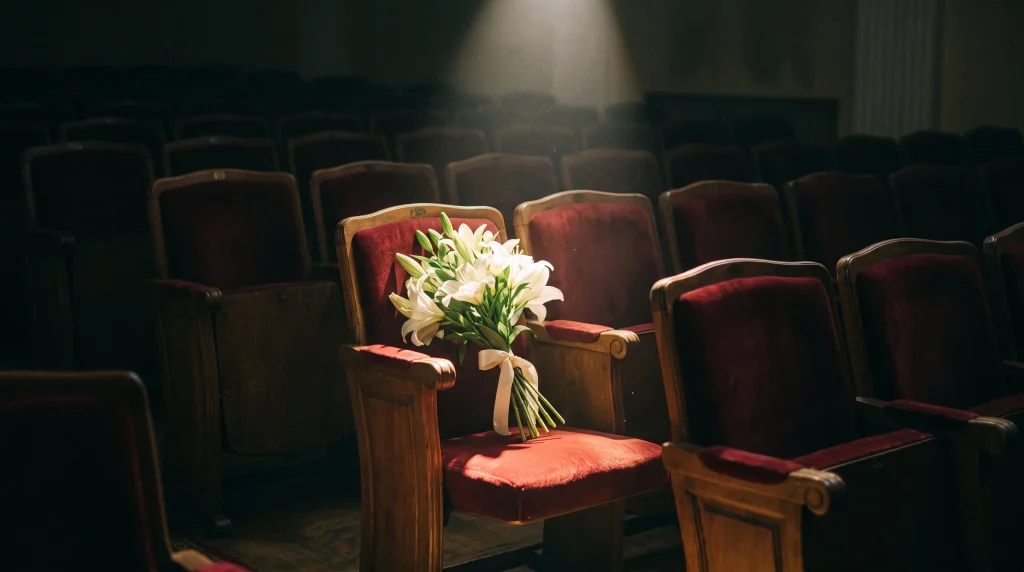 A spotlight on an empty theater chair with lilies.