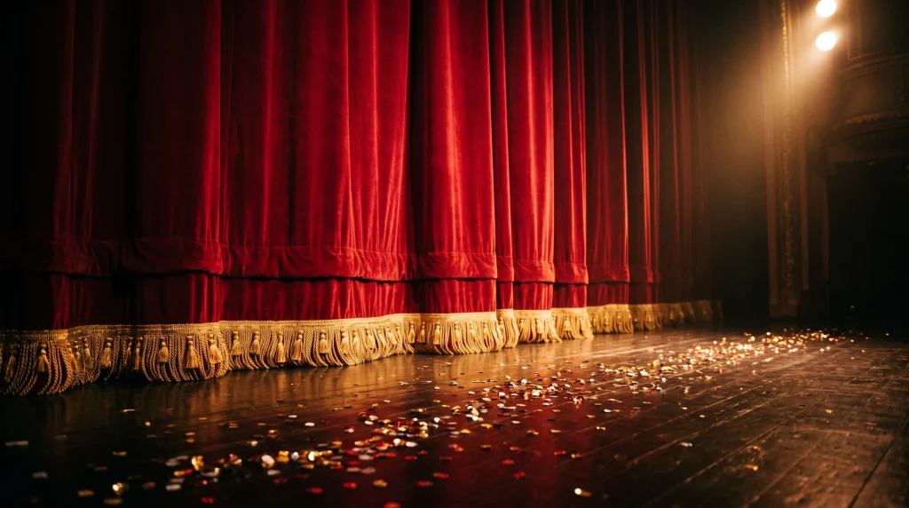 A dramatic red velvet stage curtain under bright studio spotlights with sparkling sequins on the floor.