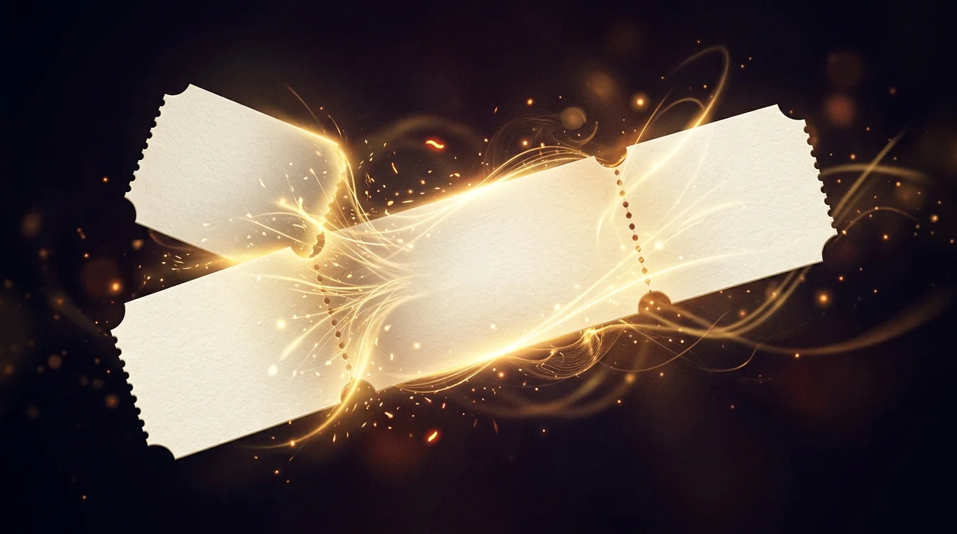 Abstract depiction of two theater tickets merging into one.