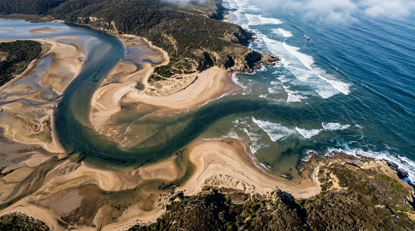 Abstract view of a tidal harbour entrance with shallow water.