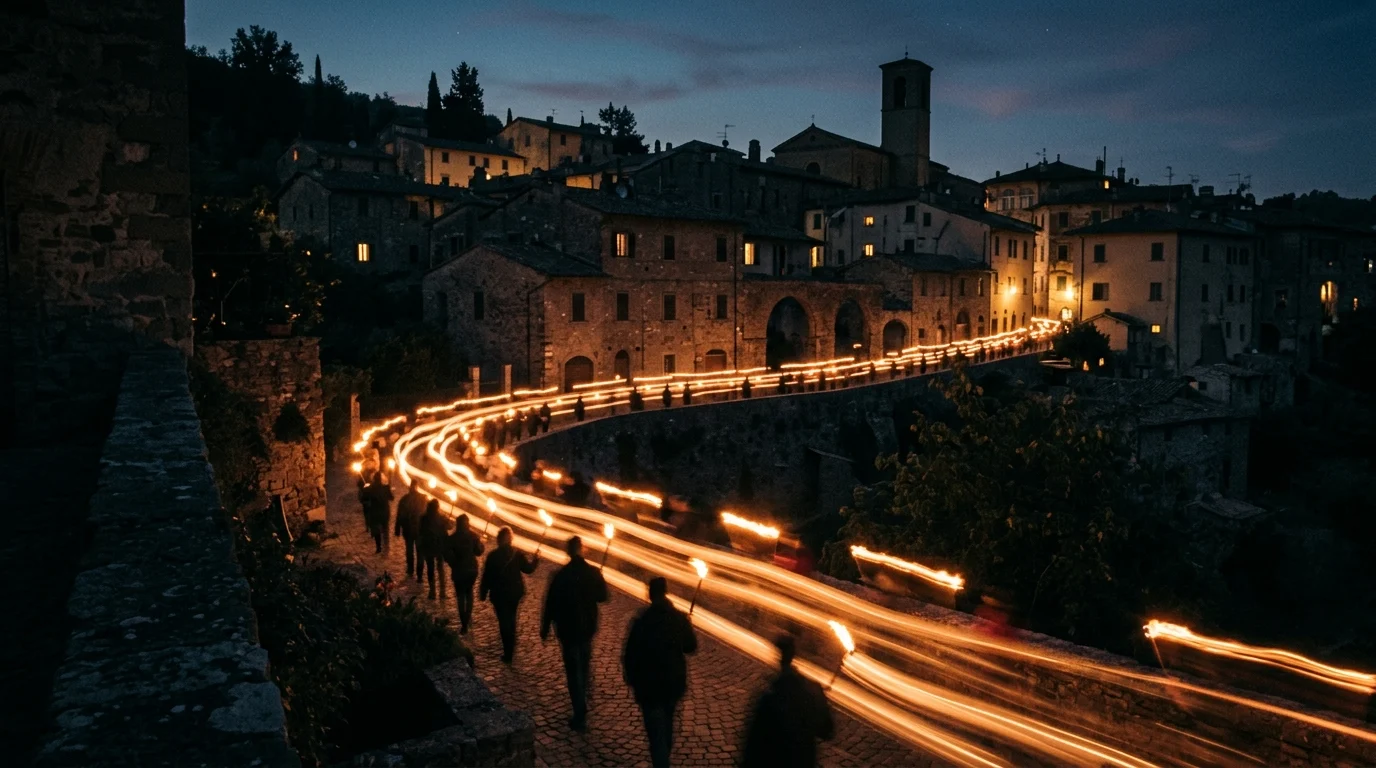 Abstract torchlight procession at night.