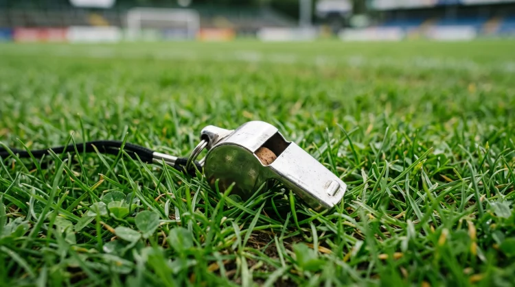 A referee's whistle on the grass of a football pitch.