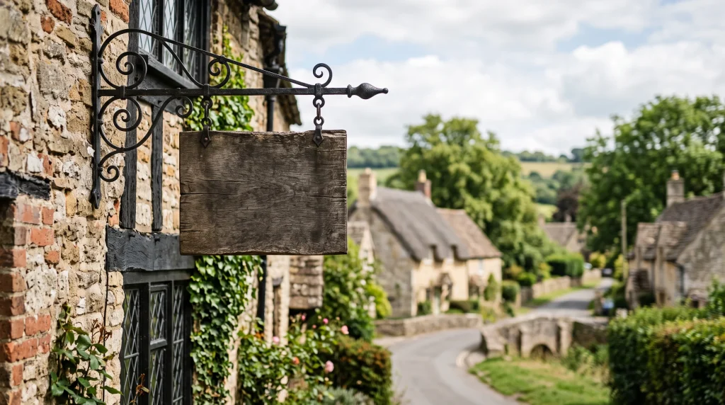 A traditional blank pub sign in a rural setting.