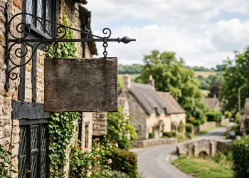 A traditional blank pub sign in a rural setting.