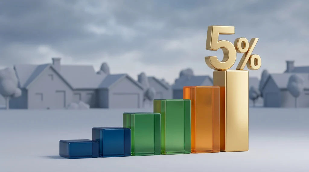 A conceptual financial chart showing a 5 percent milestone with a house icon.